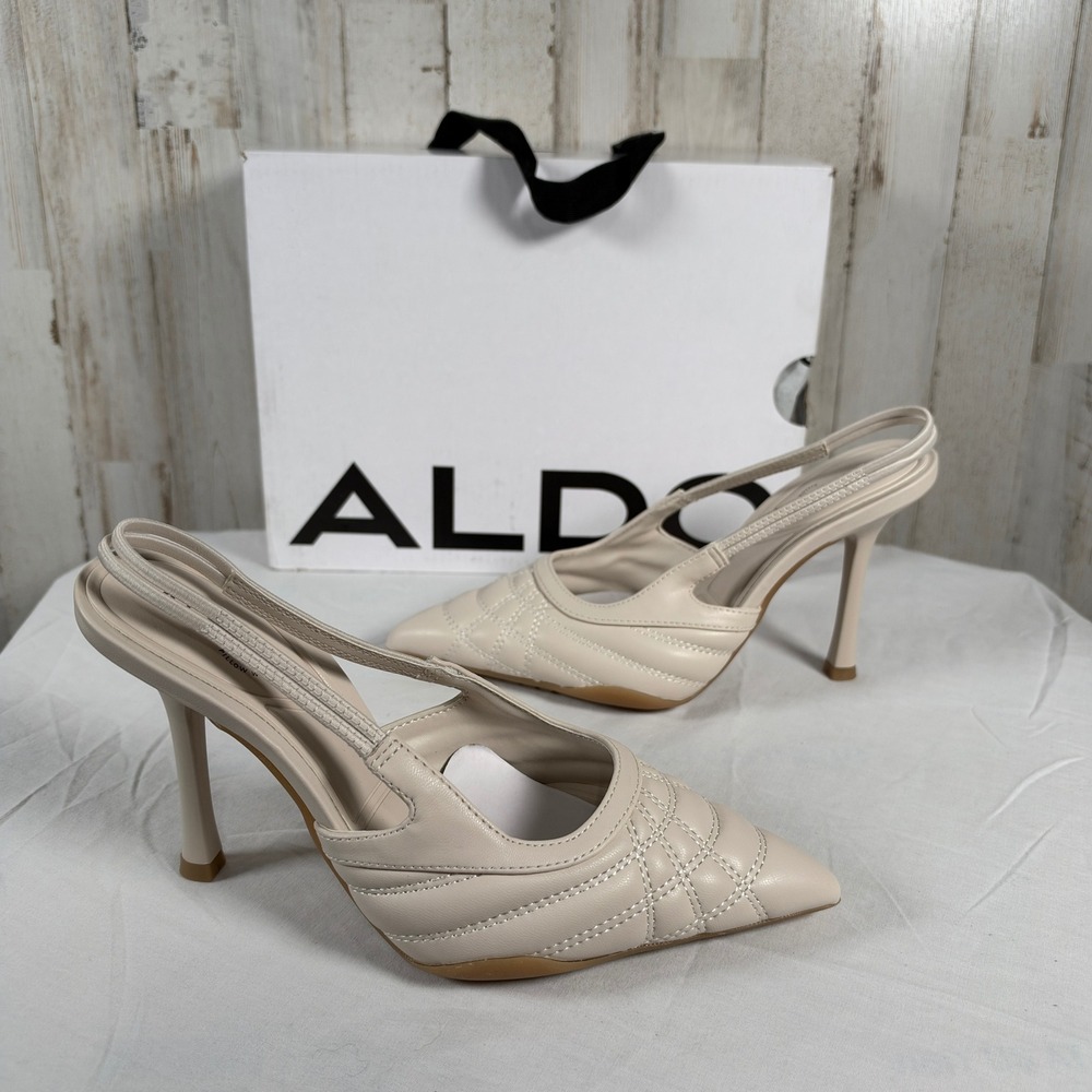 Aldo Pump 7.5 Biege Striker Quilted Slingback Stiletto Pointed Toe 4" PillowWalk